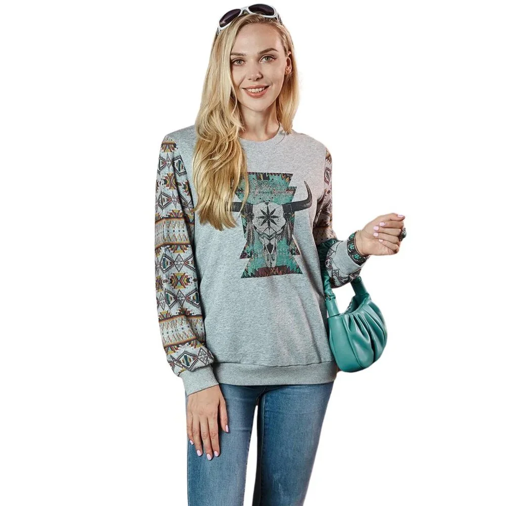 MONTANA WEST American Bling Vintage Bull Skull Aztec Sweatshirt S-XXL NWT - Picture 2 of 4